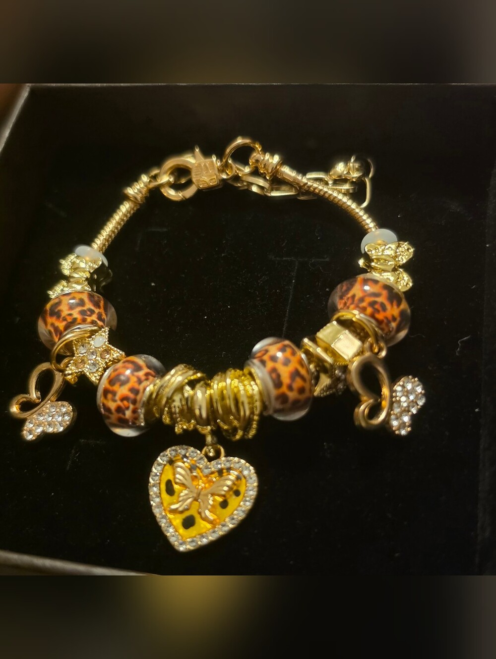 Gold-Tone Leopard Bead Heart Charm Bracelet